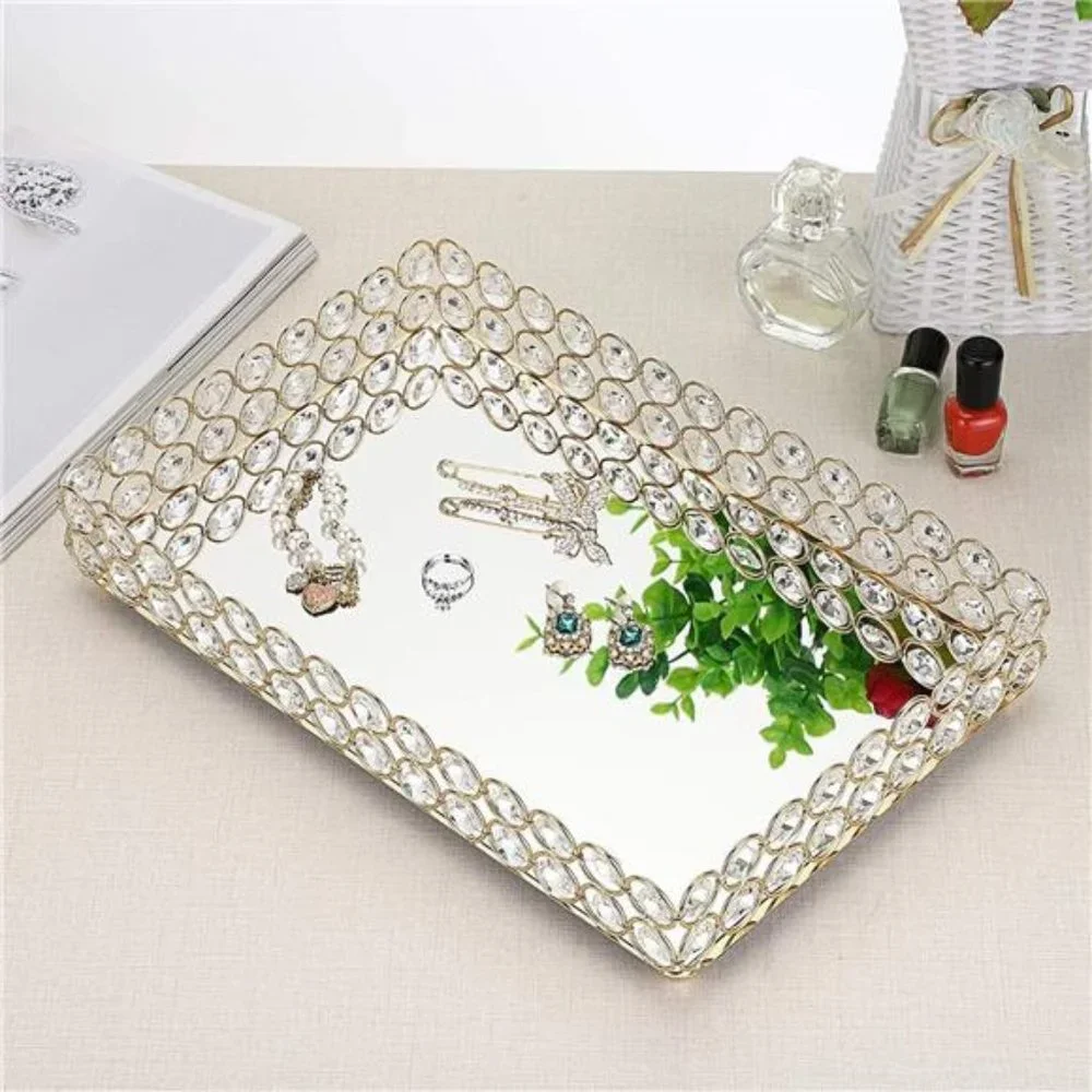 Crystal Cosmetic Vanity Tray, Mirrored Decorative Jewelry Organizer Tray